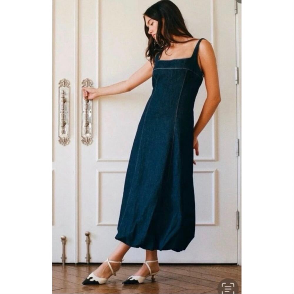 ZARA dark wash denim balloon midi dress zipper NET size L New York style Summer